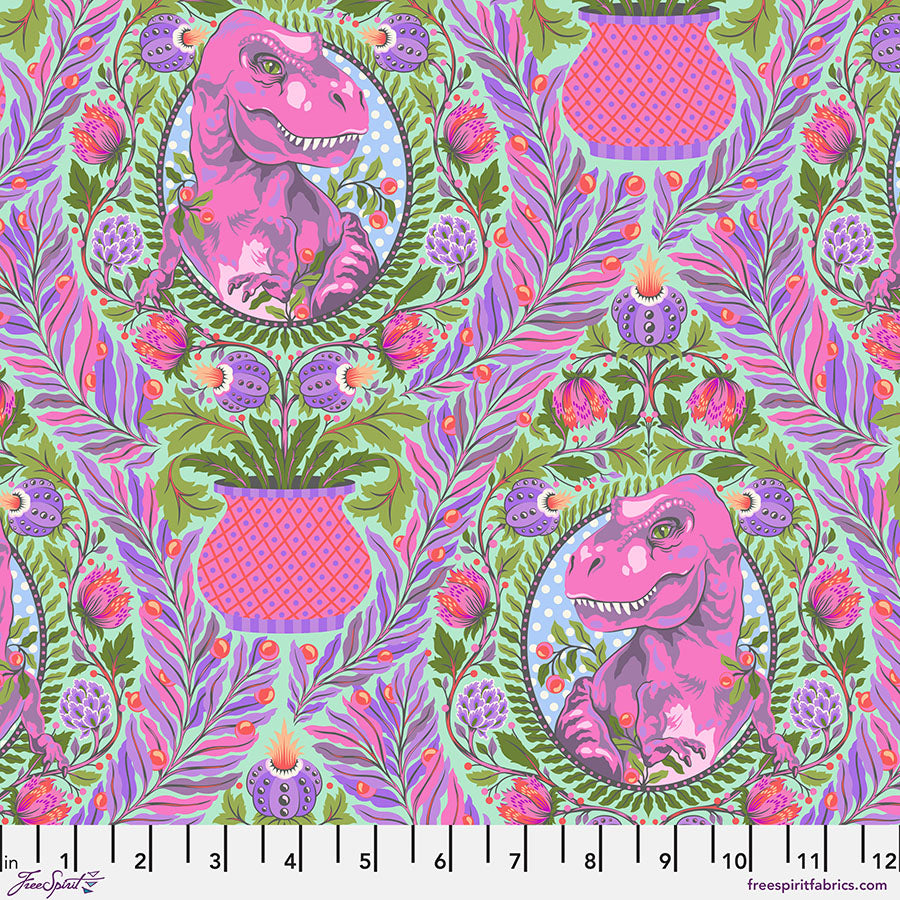 Manufacturer: FreeSpirit Fabrics Designer: Tula Pink Collection: Roar! Print Name: Tree Rex in Mist Material: 100% Cotton  Weight: Quilting  SKU: PWTP222.MIST Width: 44 inches