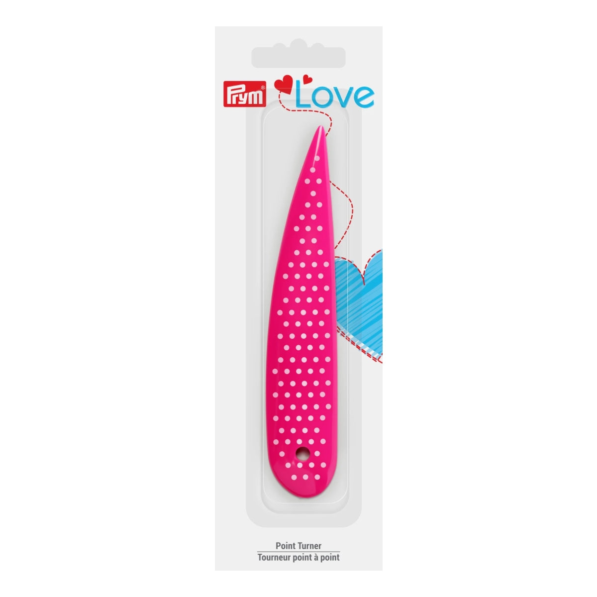 This pink point turner is great for shaping corners and points. Has a rounded end that can be used for creasing seams. Also includes a hole in the base to attach to a lanyard if you'd like, (not included).