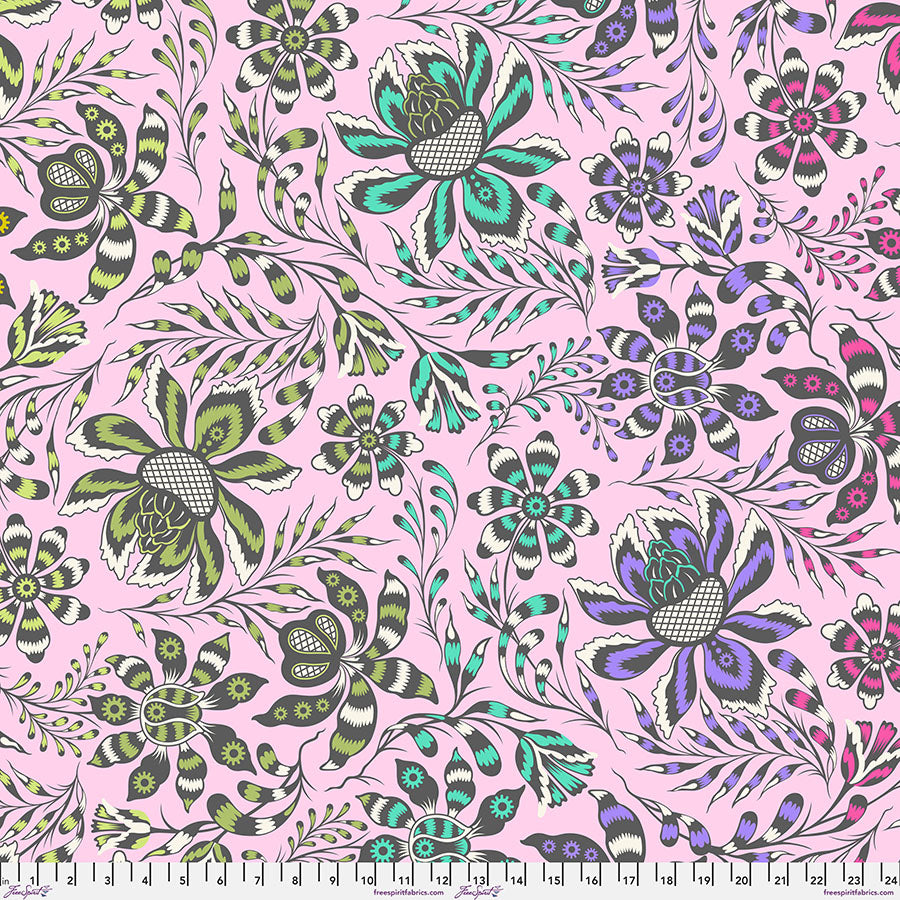 Manufacturer: FreeSpirit Fabrics Designer: Tula Pink Collection: Roar! Print Name: Super Wild Vine in Blush Material: 100% Cotton Sateen Weight: Quilting  SKU: QBTP016.BLUSH Width: 108 Inches