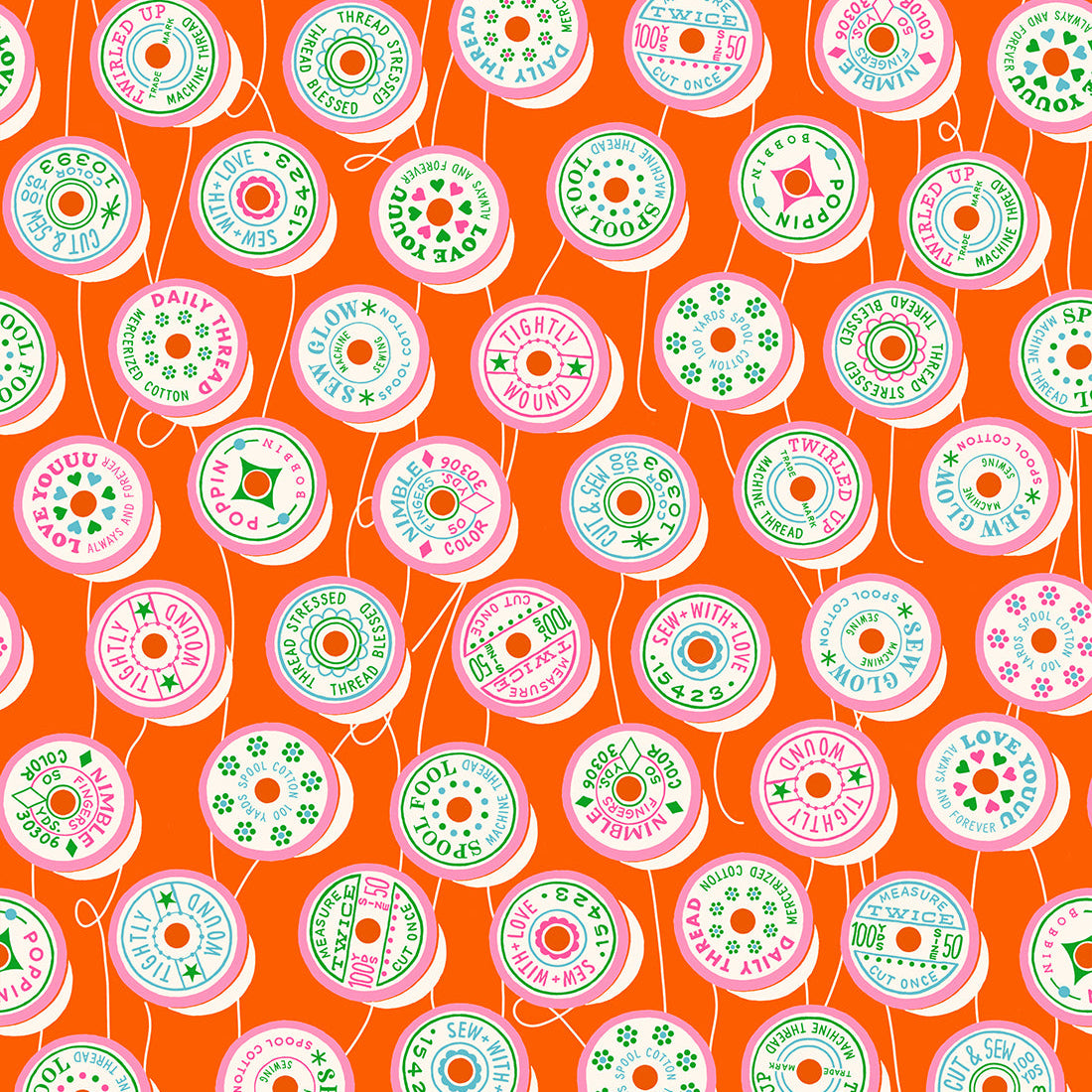 Manufacturer: Ruby Star Society
Designer: Melody Miller
Collection: Trinketry
Print Name: Spools in Goldfish
Material: 100% Cotton
Weight: Quilting 
SKU: RS0111-13
Width: 44 inches
