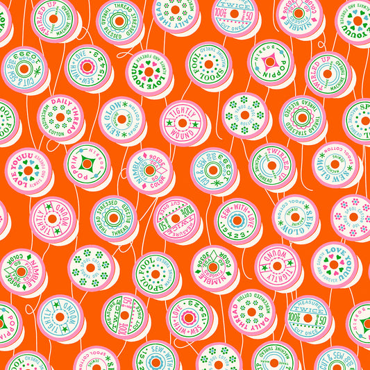 Manufacturer: Ruby Star Society
Designer: Melody Miller
Collection: Trinketry
Print Name: Spools in Goldfish
Material: 100% Cotton
Weight: Quilting 
SKU: RS0111-13
Width: 44 inches