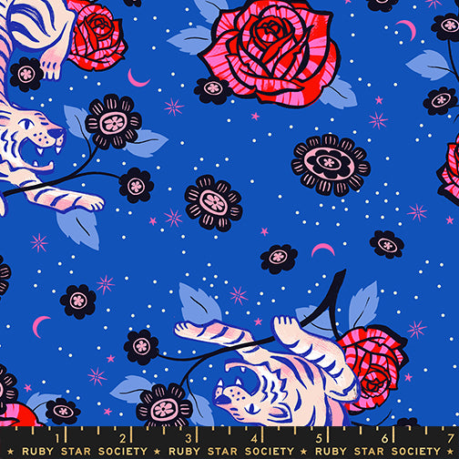 Manufacturer: Ruby Star Society
Designer: Sarah Watts
Collection: Ink Shop
Print Name: Tiger Rose in Blue Ribbon
Material: 100% Cotton
Weight: Quilting
SKU: RS2143-12
Width: 44 inches