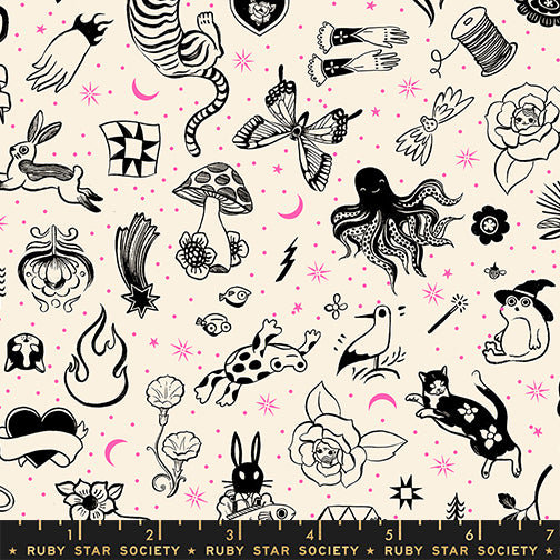 Manufacturer: Ruby Star Society
Designer: Sarah Watts
Collection: Ink Shop
Print Name: Tattoo in Natural
Material: 100% Cotton
Weight: Quilting
SKU: RS2145-11
Width: 44 inches