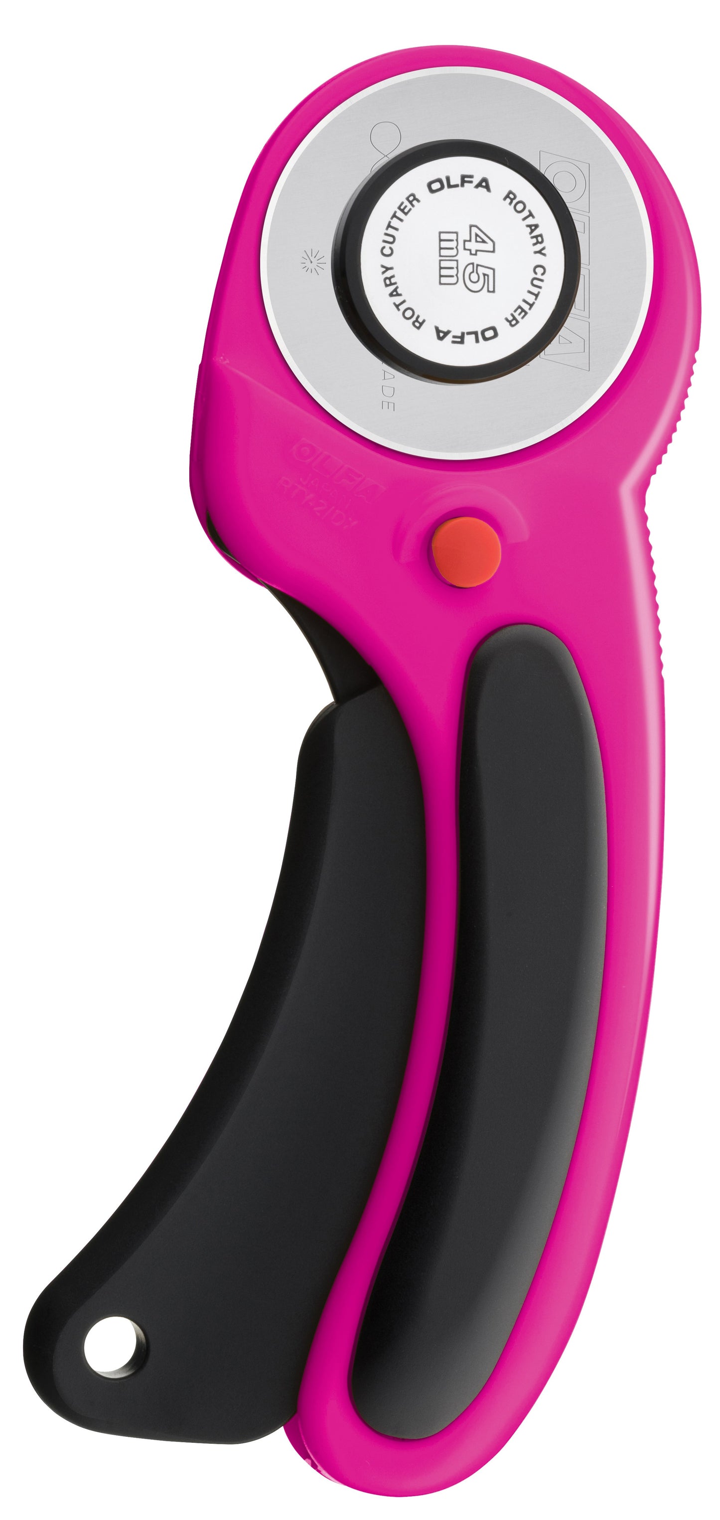 The most popular size and handle in Magenta. Features curved handle with squeeze trigger to lessen hand fatigue. Dual action safety lock Cuts multiple layers of fabric at once. Designed for both right and left handed use Lifetime Guarantee. Auto Retract Blade for safety. Olfa Magenta
