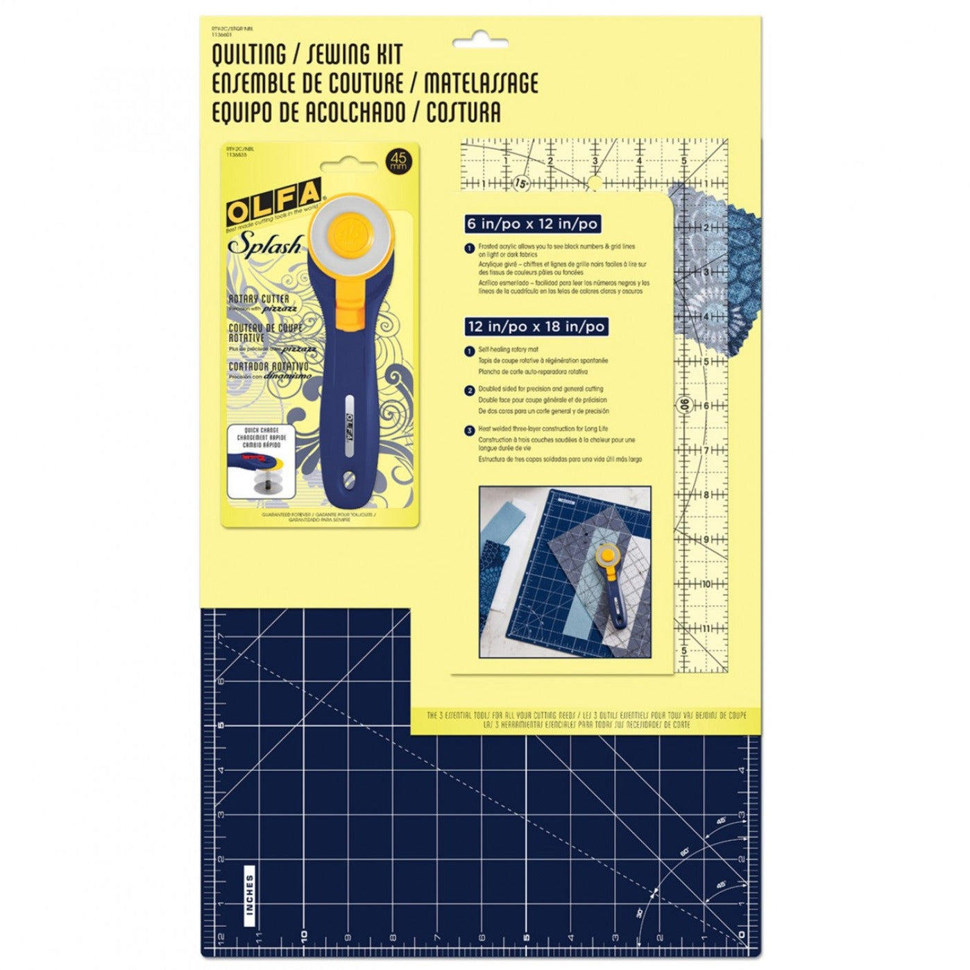 Everything the sewing/quilting enthusiast needs to begin a project. Kit includes a navy 12 x 18 self healing rotary mat, 6x12 Frosted Ruler and Navy Splash Rotary Cutter  Use: Quilting Kit Included: Cutting Mat, Ruler and Rotary Cutter