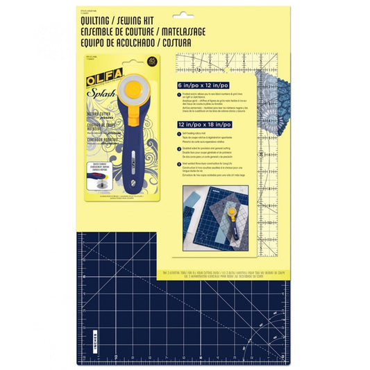 Everything the sewing/quilting enthusiast needs to begin a project. Kit includes a navy 12 x 18 self healing rotary mat, 6x12 Frosted Ruler and Navy Splash Rotary Cutter  Use: Quilting Kit Included: Cutting Mat, Ruler and Rotary Cutter