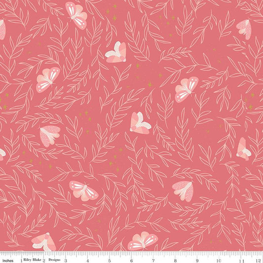 Manufacturer: Riley Blake Designs Designer: Fran Gulick of Cotton and Joy Collection: Moonchild Print Name: Moths in Raspberry Sparkle Material: 100% Cotton Weight: Quilting SKU: SC13821-RASPBERRY Width: 44 inches