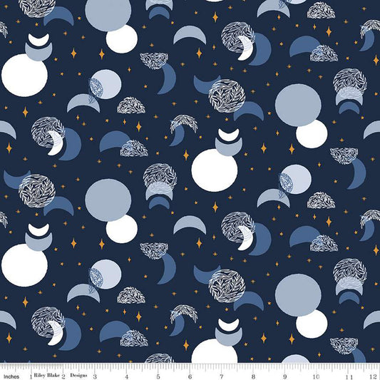 Manufacturer: Riley Blake Designs Designer: Fran Gulick of Cotton and Joy Collection: Moonchild Print Name: Eclipse in Midnight Sparkle Material: 100% Cotton Weight: Quilting SKU: SC13822-MIDNIGHT Width: 44 inches