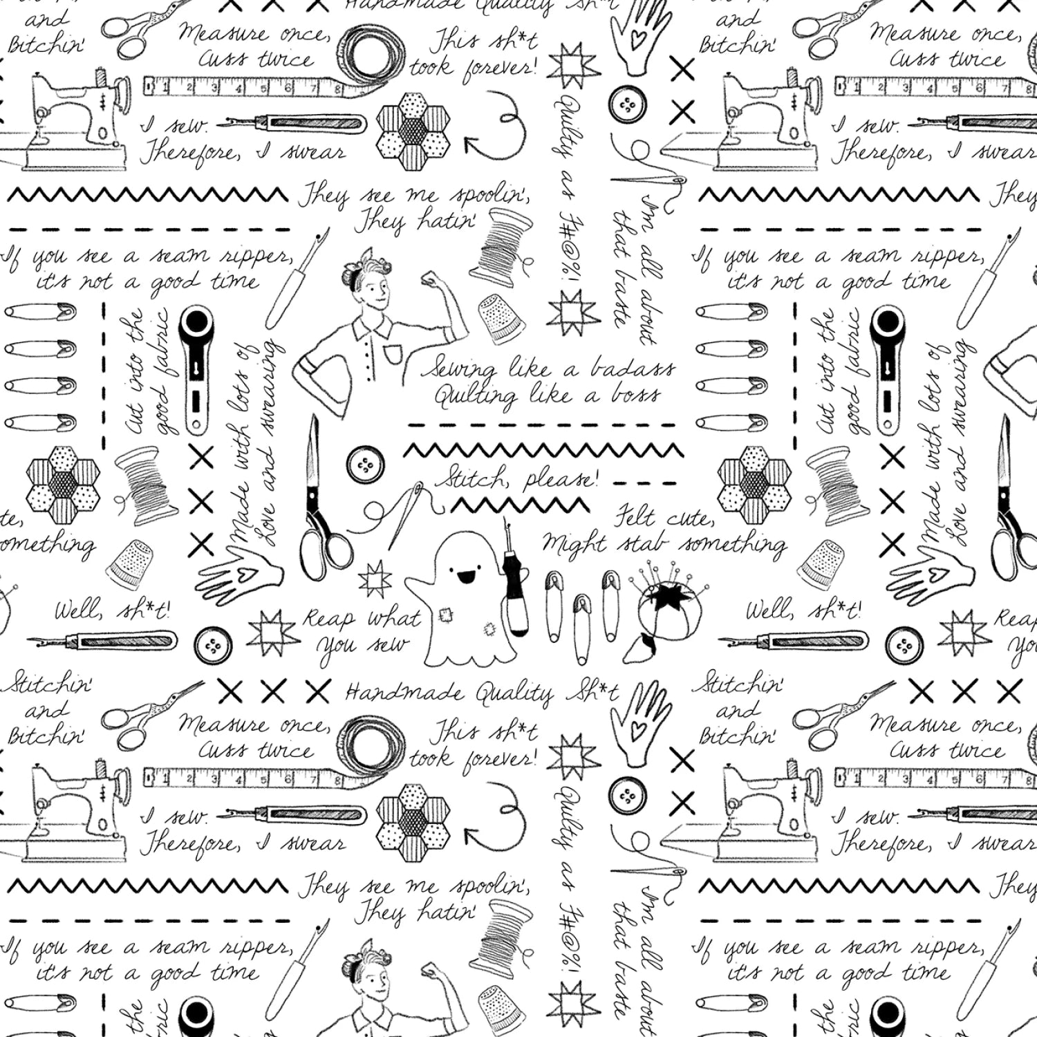Manufacturer: Dear Stella
Designer: Pammie Jane
Collection: Quiet Riot
Print Name: Sweary Stitching in White
Material: 100% Cotton
Weight: Quilting
SKU: ST-DPJ3098WHITE
Width: 44 inches