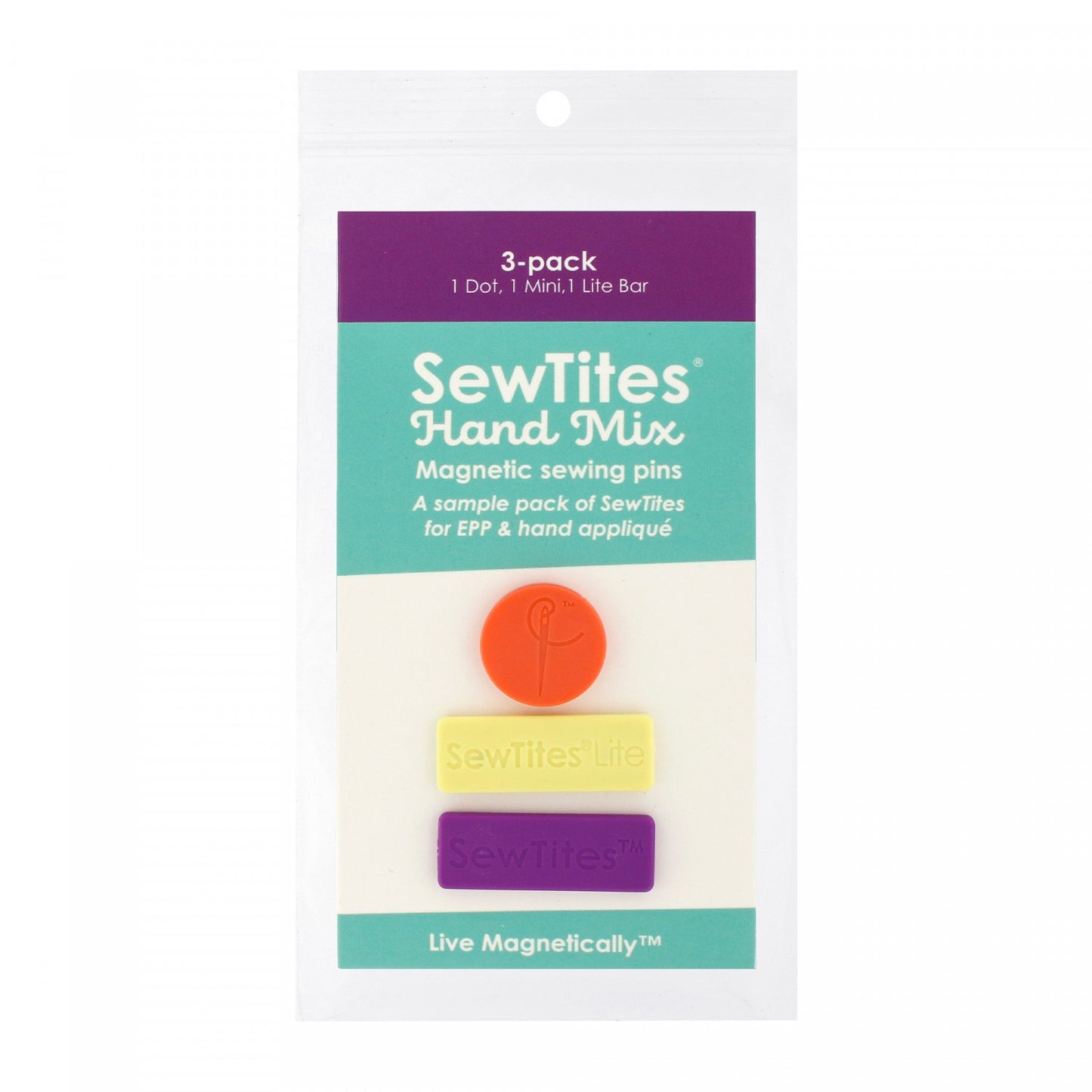 The SewTites Hand Mix packs contain a combination of models for hand sewing, including EPP, wool applique, embroidery, and more – our Dots (in a new salmon color!), Minis, and Lite Bars.  The 3-pack is perfect a trial pack for those new to using SewTites.  SewTites Specs:  Dot - .67"" (17mm) diameter with one very strong large magnet on back Lite Bar - 1.25"" x .5"" (32 x 12 mm) with two lighter strength magnets on back Mini - 1.25"" x .5"" (32 x 12 mm) with two strong magnets on back  
