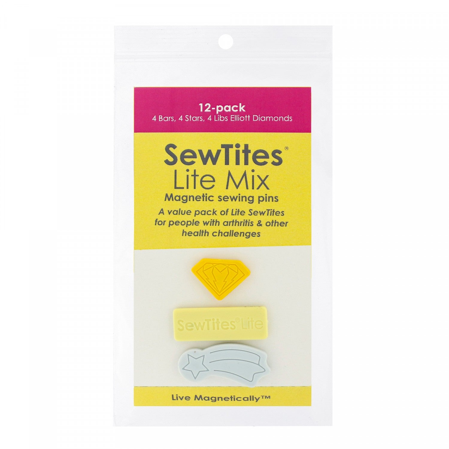 The SewTites Lite Mix packs contain a combination of our new Lite models for people with arthritis and other health challenges – the Libs Elliott Diamond, Lite Star, and Lite Bar.  The 12-pack is a great value pack for those who know they'll use all the SewTites.