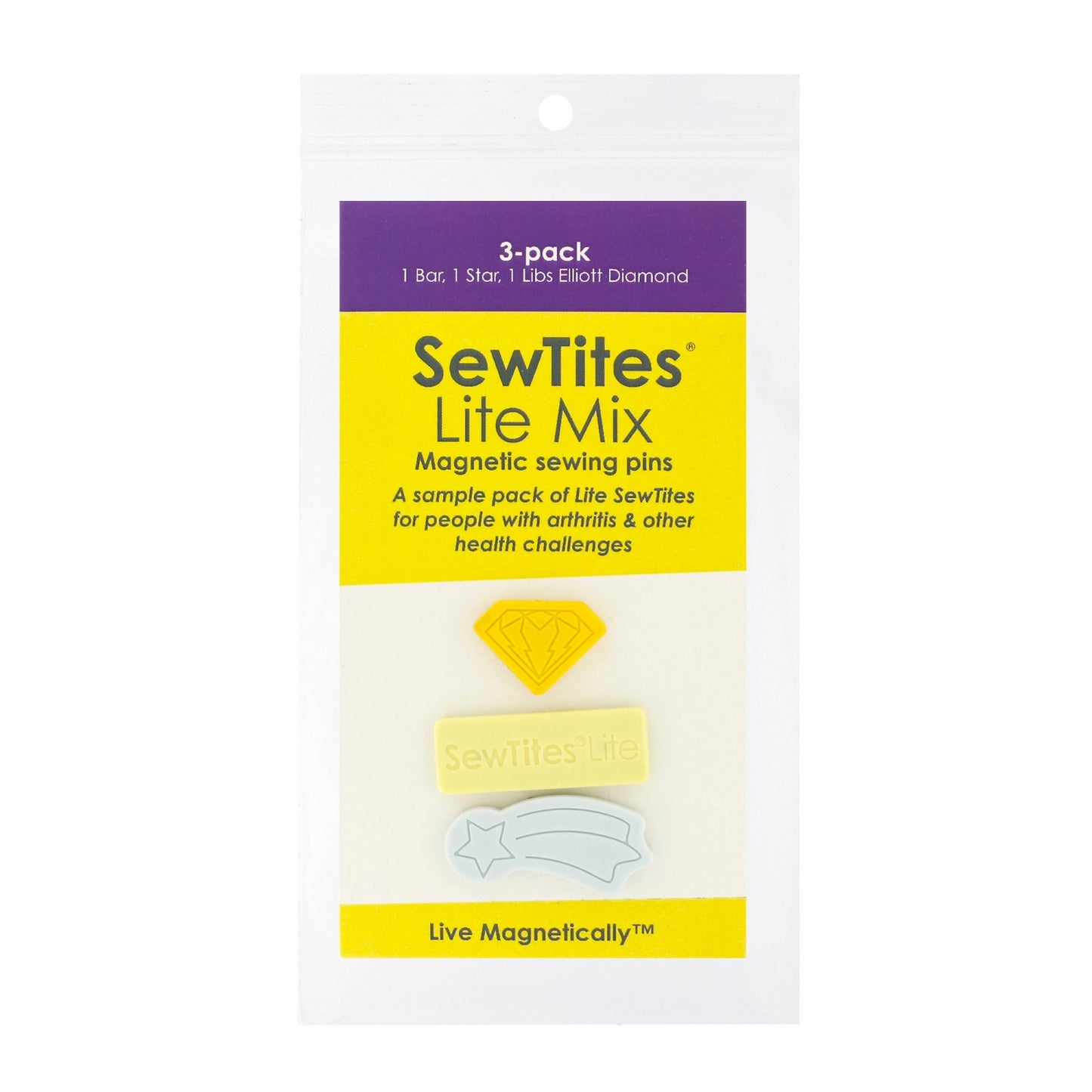 The SewTites Lite Mix packs contain a combination of our Lite models for people with arthritis and other health challenges – the Libs Elliott Diamond, Lite Star, and Lite Bar.  The 3-pack is a perfect trial pack for those new to using SewTites (it also makes a lovely stocking stuffer or gift!).