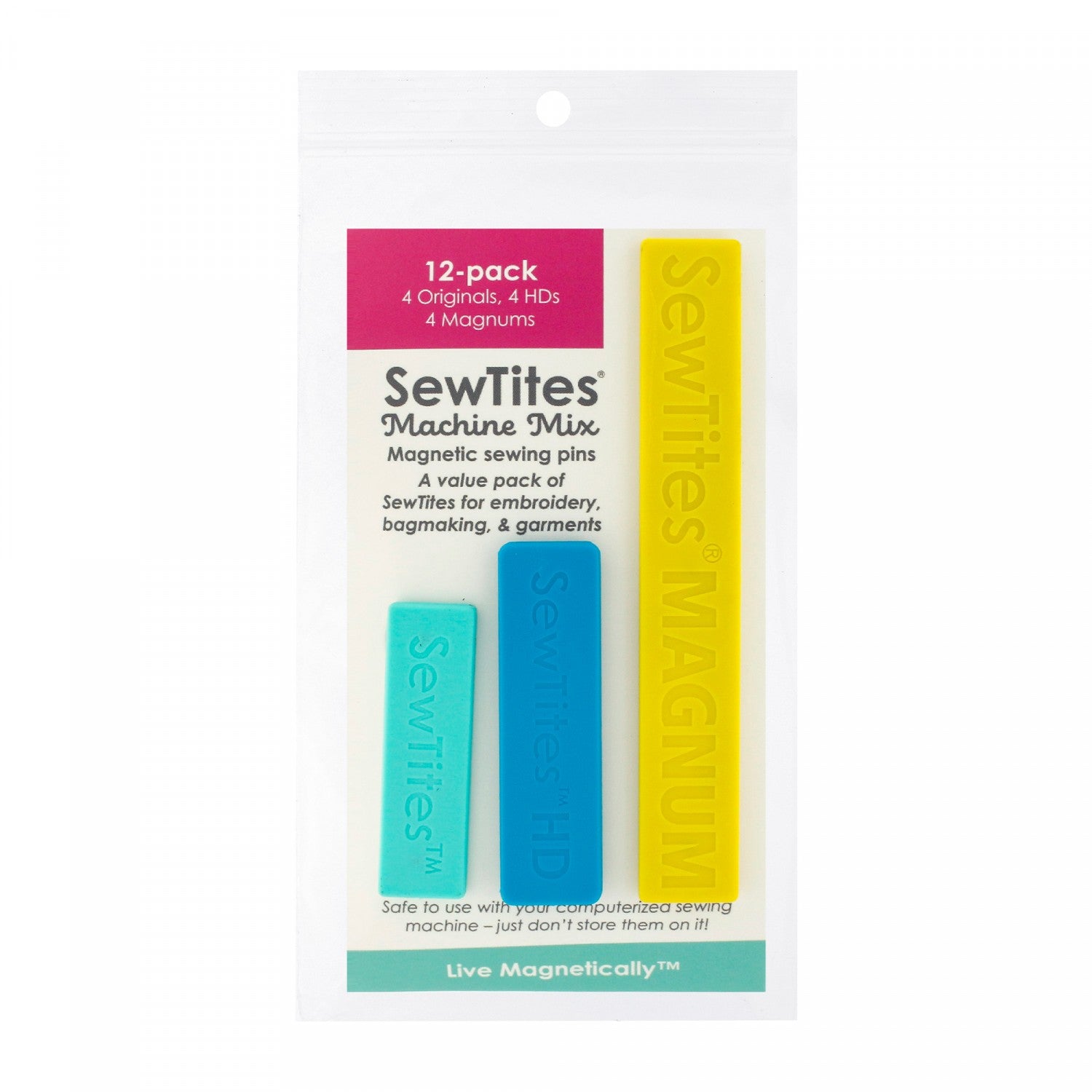 The SewTites Machine Mix packs contain a combination of models for machine embroidery, bagmaking, garment making, and more – our Originals, HDs, and Magnums.  SewTites Specs:  Original - 1.78 x .5 in (45 x 13 mm) with three strong earth magnets on back HD - 2.125 x .5625"" (54 x 14.5 mm) with three very strong earth magnets on back Magnum - 3.98” x .59” (101 x 15 mm) each with five stronger earth magnets on back  Made of: Plastic and Metal Use: Magnetic Sewing pins Included: 12 magnets per package