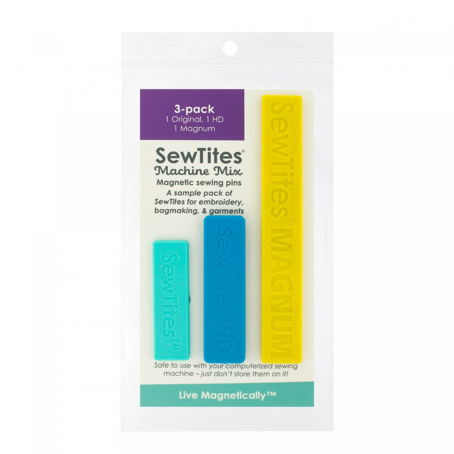 The SewTites Machine Mix packs contain a combination of models for machine embroidery, bagmaking, garment making, cosplay, and more – our Originals, HDs, and Magnums.  SewTites Specs:  Original - 1.78 x .5 in (45 x 13 mm) with three strong earth magnets on back HD - 2.125 x .5625"" (54 x 14.5 mm) with three very strong earth magnets on back Magnum - 3.98” x .59” (101 x 15 mm) each with five stronger earth magnets on back  Made of: Plastic and Metal Use: Magnetic Sewing pins Included: 3 magnets per package