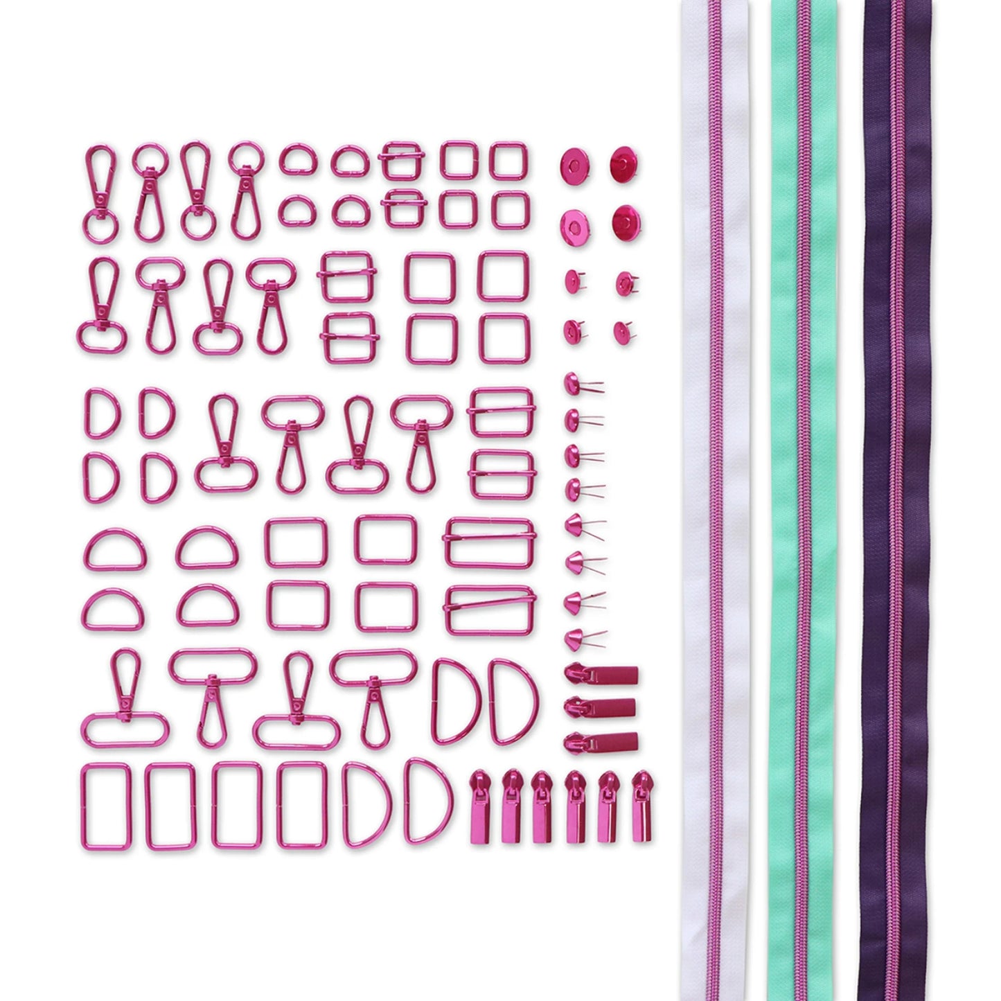 Are you tired of not having the hardware you need for bag making on hand? In an effort to help eliminate that frustration, we've put together an organized box set of essential purse hardware! That way, you can spend less time searching for hardware and more time creating!

Tula Pink Essential Hardware Set
