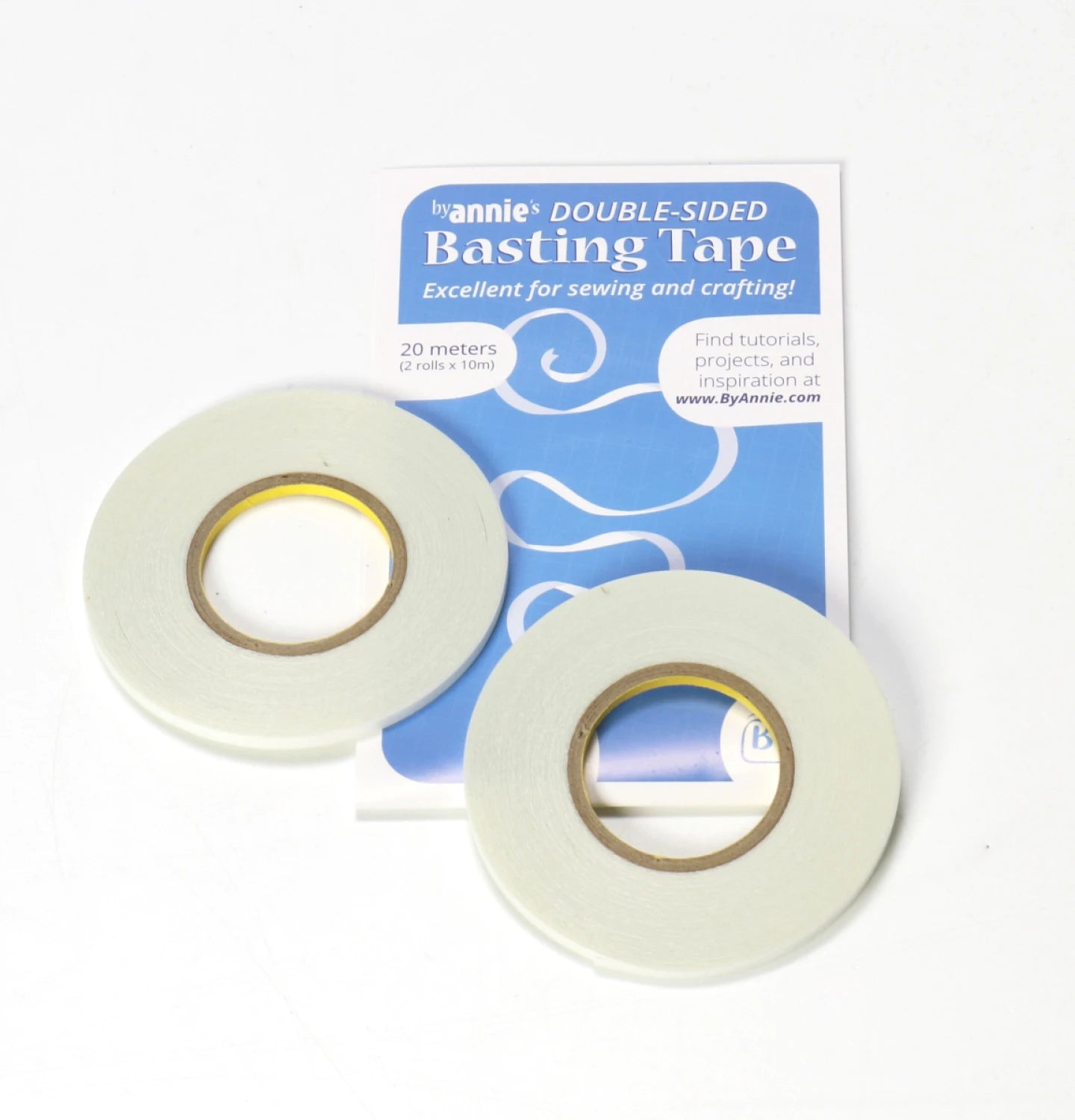 This extra-sticky double-sided basting tape is excellent for sewing and crafting!

Features:
-Works with fabric, paper, cork, vinyl, mesh, Soft and Stable, and more
-Holds bulky/solid items that can't be pinned
-Makes placing zippers, fold-over elastic, handles, and straps fast and easy
-Simplifies attaching trims and appliques
-Use to precisely position and hold items
-Narrow width and low profile
-Easy-to-peel backing

Size: 3mm width x 20m (2 rolls x 10m each) or approximately 1/8" x 21.8 yards