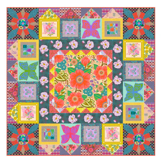 Bespoke Quilt No. 3 is created from the soft and glowing Vintage colorway. All of the various collections come together to create a symphony of floral color and geometric interest. A truly eclectic combination of traditional form and contemporary piecework, this nostalgia-colored wonder is a lovely invitation to embrace something less typical, but at the same time very accomplishable; even if you are new to appliqué. 