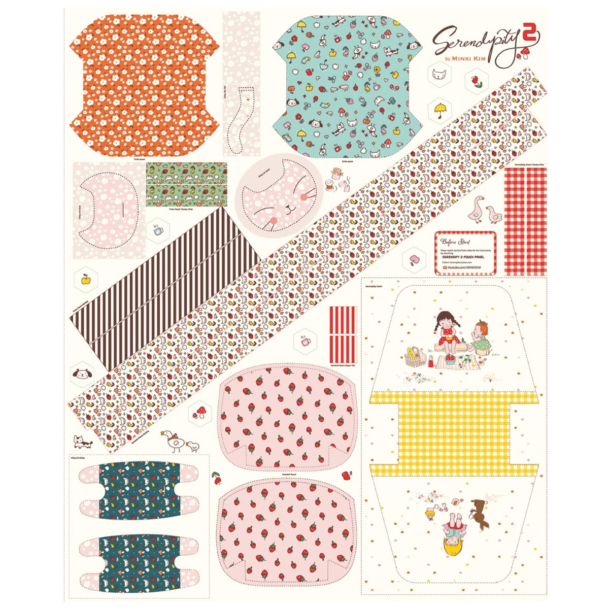 This charming fabric panel set is perfect for crafting enthusiasts looking to create delightful pouches and bags. Featuring a whimsical design with various elements like strawberries, flowers, and cute characters, each panel is intricately detailed to bring joy to your sewing projects. Ideal for both beginners and seasoned crafters, this panel set offers endless possibilities for personalization and creativity.
