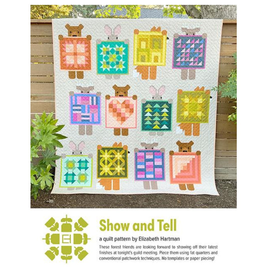 These forest friends are excited to show off their latest finishes at tonight's guild meeting. Make them using conventional patchwork techniques. No templates or paper piecing!

The pattern includes instructions for a 24" x 28" Wall Quilt with one block, a 45" x 57" Small Quilt with four blocks, and a 75" x 85" Large Quilt with 12 blocks.

The pattern includes a diagram and charts showing all of the pieces needed to make each block. 