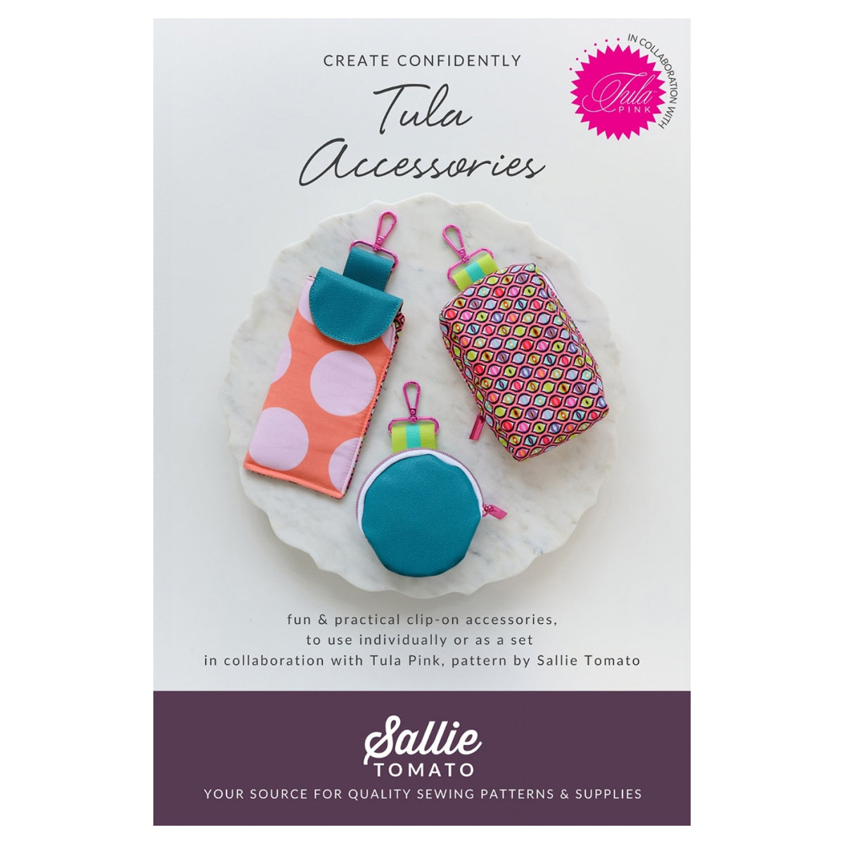 Fun &amp; practical clip-on accessories, to use individually or as a set by Sallie Tomato with Tula Pink. Create a special place for important items in your bags! This collection of small accessories is ideal for organizing any tote, backpack or duffle bag. The clip-on hardware adds versatility, attaching to exterior or interior hardware of your bag.&nbsp;