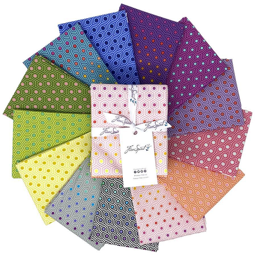 This Factory Cut FAT QUARTER bundle contains 13 quilting cotton Hexy prints from True Colors by Tula Pink for Freespirit Fabrics  Manufacturer: FreeSpirit Fabrics Designer: Tula Pink Collection: True Colors Material: 100% Cotton  Weight: Quilting