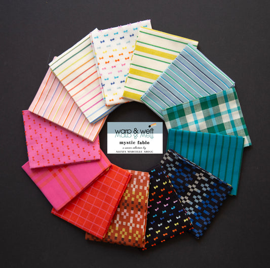 This Factory Cut FAT QUARTER BUNDLE contains 13 quilting cotton woven prints from Warp and Weft Mystic Fable by Alexia Abegg for Ruby Star Society.

Manufacturer: Ruby Star Society
Designer: Alexia Abegg
Collection: Warp and Weft Mystic Fable
Material: 100% Cotton Woven
Weight: Quilting