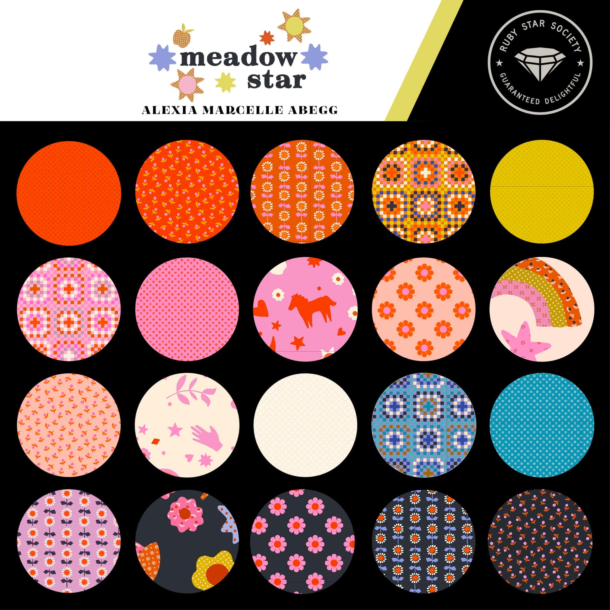 This FAT QUARTER BUNDLE contains 26 quilting cotton prints from Meadow Star by Alexia Marcella Abegg for Ruby Star Society.  Manufacturer: Ruby Star Society Designer: Alexia Marcella Abegg Collection: Meadow Star Material: 100% Cotton  Weight: Quilting