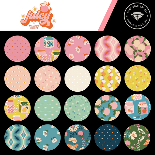 This factory cut FAT QUARTER BUNDLE contains 29 quilting cotton prints from Juicy by Melody Miller for Ruby Star Society.  Manufacturer: Ruby Star Society Designer: Melody Miller Collection: Juicy Material: 100% Cotton  Weight: Quilting