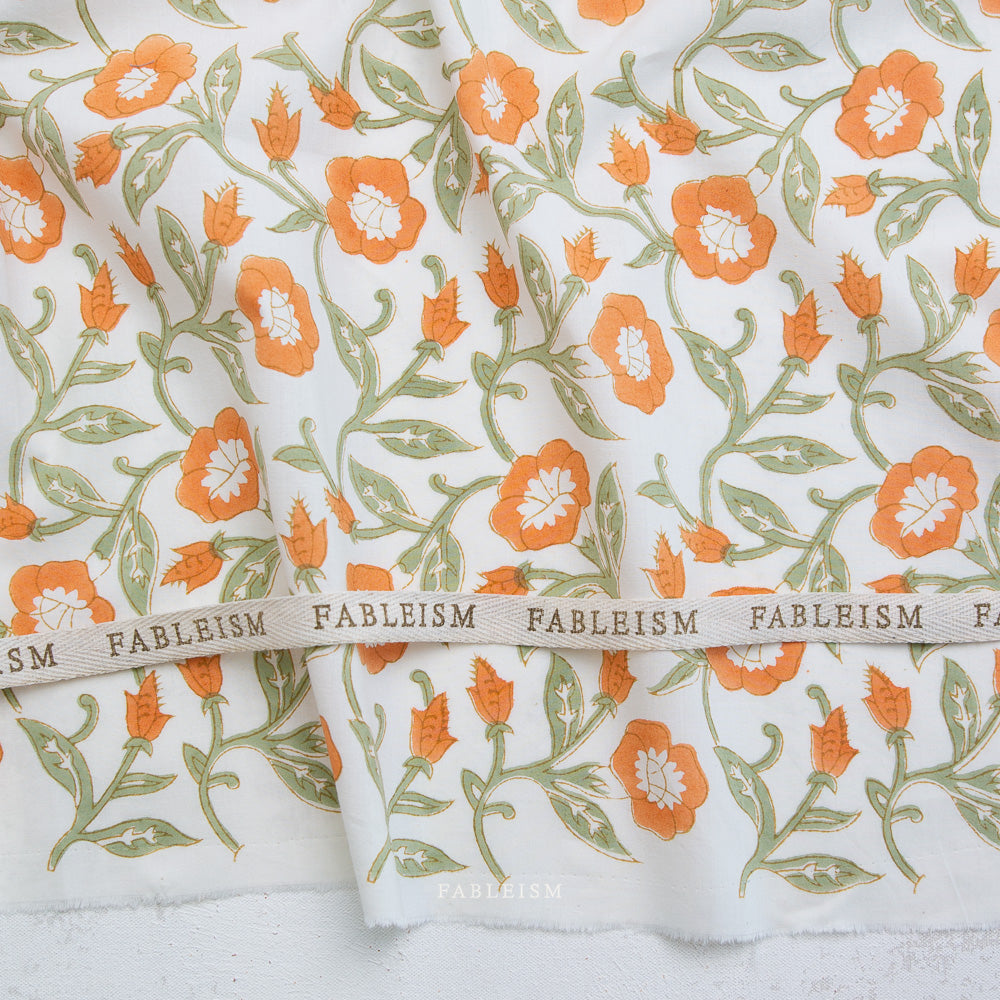 Manufacturer: Fableism
Designer: Fableism
Collection: Indian Block Prints: Cottage
Print Name: Trumpet Vines in Sage
Material: 100% Cotton
Weight: Quilting 
SKU: BPCT-02-TMP-SAGE
Width: 44 inches