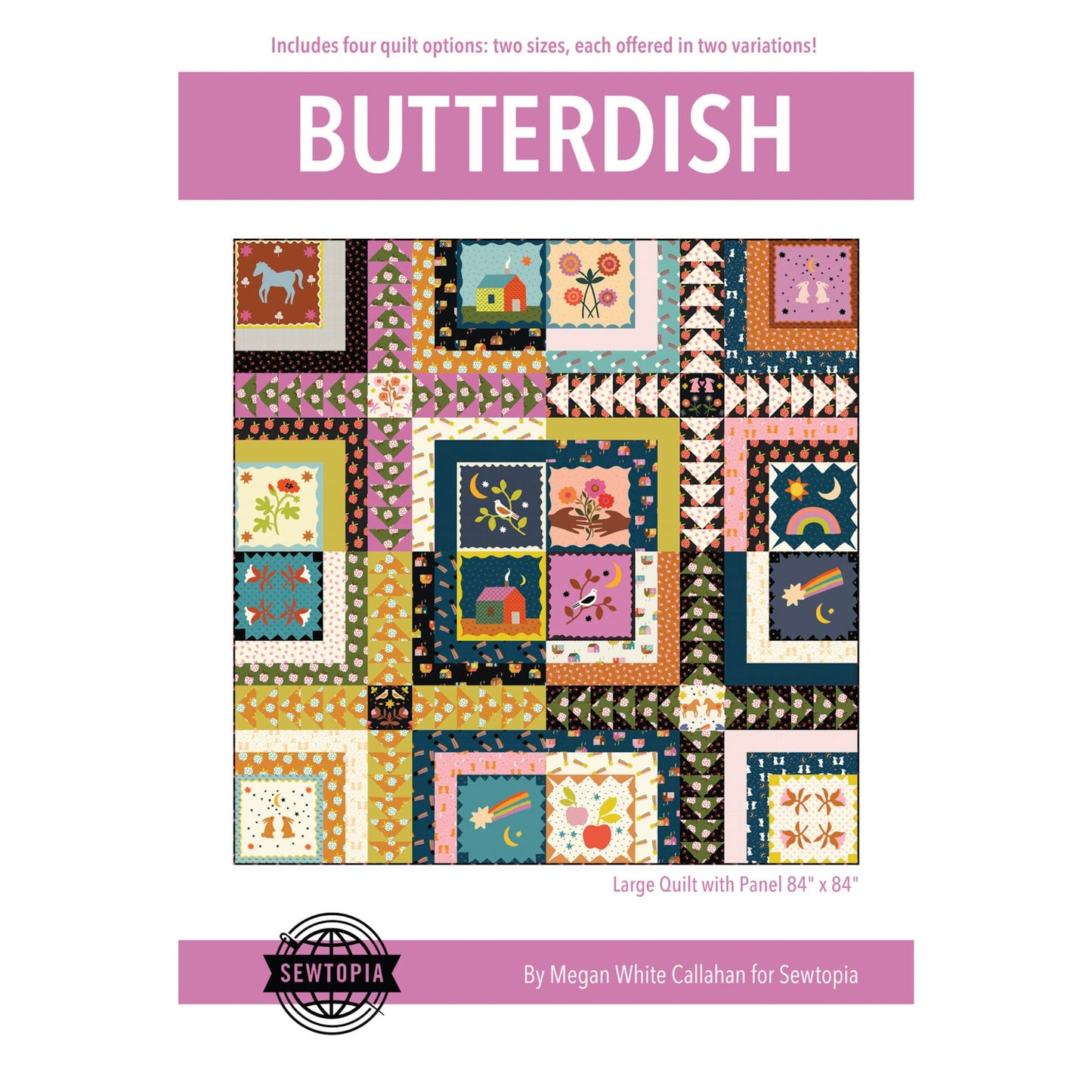 The Butterdish Quilt pattern by Megan White Callahan for Sewtopia is a fat quarter friendly design that lets your favorite prints take center stage. Featuring four quilt options, two sizes each offered in two variations. This is a versatile pattern perfect for highlighting your favorite collection or prints. The panel versions work beautifully with the Ruby Star Society Mystic Fable panel, while the non-panel versions can be made with any collection you love.