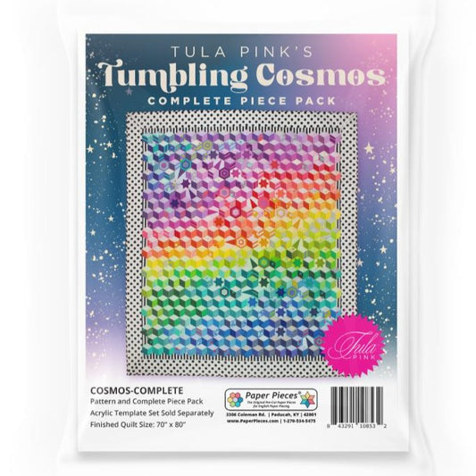 Tumbling Cosmos Pattern + Complete Piece Pack  Full-color, 12" x 18" Pattern includes comprehensive fabric guide for Tula Pink's True Colors. Acrylic templates sold separately. 