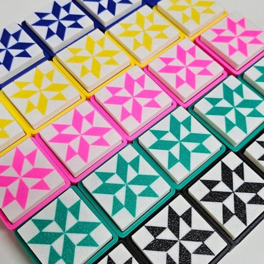 3-D Printed Quilt Block Keyboard Clicker Keychain.  

Size: 4cm x 4cm x 2cm

Each clicker come with random keychain.