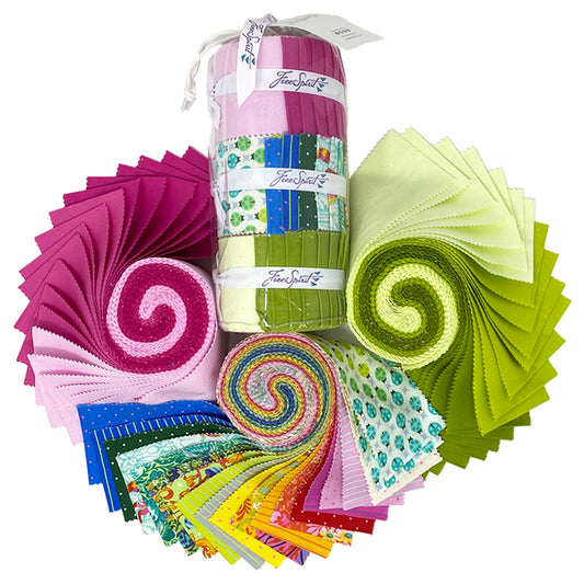These Factory Cut Mini DESIGN ROLLS contain a total of 63 - 2.5" strips of quilting cotton prints and Solids by Tula Pink for Freespirit Fabrics.  Manufacturer: FreeSpirit Fabrics Designer: Tula Pink Collection: Saturday Stash Material: 100% Cotton  SKU: FB4DRTP.GLOWY Weight: Quilting