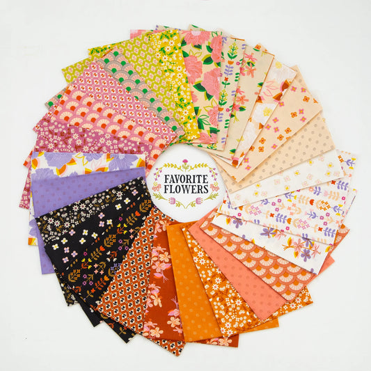 This factory cut FAT QUARTER BUNDLE contains 26 quilting cotton prints from Favorite Flowers by Melody Miller, Alexia Abegg, Sarah Watts, Rashida Coleman-Hale and Kimberly Kight for Ruby Star Society.  Manufacturer: Ruby Star Society Designer:&nbsp;Melody Miller, Alexia Abegg, Sarah Watts, Rashida Coleman-Hale and Kimberly Kight Collection: Favorite Flowers Material: 100% Cotton  Weight: Quilting