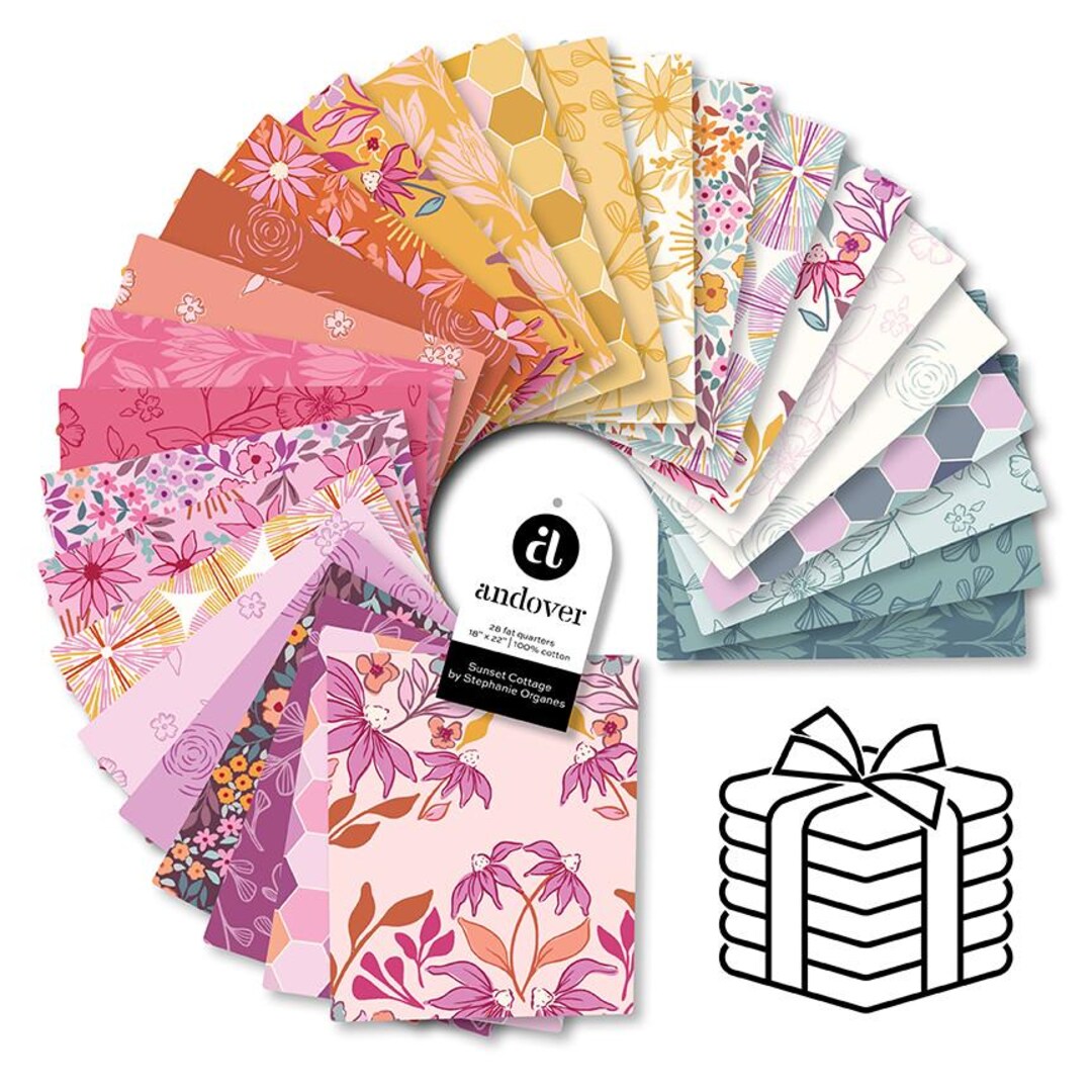 This Factory Cut FAT QUARTER BUNDLE contains 28 Fat Quarters from Sunset Cottage by Stephanie Organes for Andover Fabrics.

Manufacturer: Andover Fabrics
Designer: Stephanie Organes
Collection: Sunset Cottage
Material: 100% Cotton
Weight: Quilting