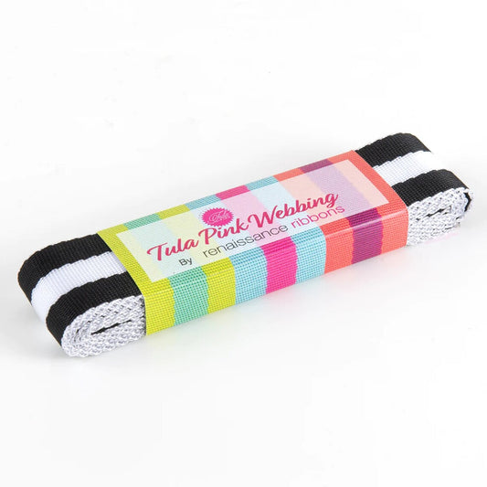 Tula Pink striped Nylon Webbing - 1.5in wide - Tula Special: Black and White - A game Changer in Bag Making! Color: Black and White Size: 1.5in x 2yds Use: Bag Making Included: 2 yds bundle