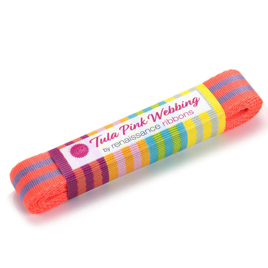 Tula Pink striped Nylon Webbing - 1in wide - Lavender and Pink - A game Changer in Bag Making!  Color: Lavender and Pink Size: 1in x 2yds Use: Bag Making Included: 2 yds bundle