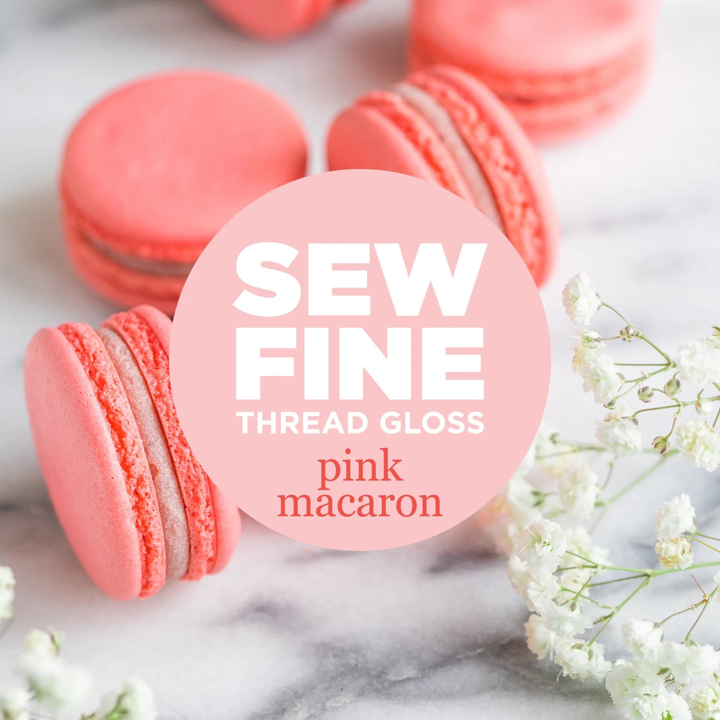 0.5oz pot of "Pink Macaron" Sew Fine Thread Gloss. A light and fluffy treat of fresh fruit, vanilla and tonka bean spice.  No more tangled, knotted or static-y threads while you're hand-sewing!