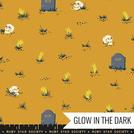 Manufacturer: Ruby Star Society Designer: Ruby Star Society Collection: Tiny Frights Print Name: Graveyard in Cactus Glow in the Dark Material: 100% Cotton Weight: Quilting  SKU: RS5122 11G Width: 44 inches