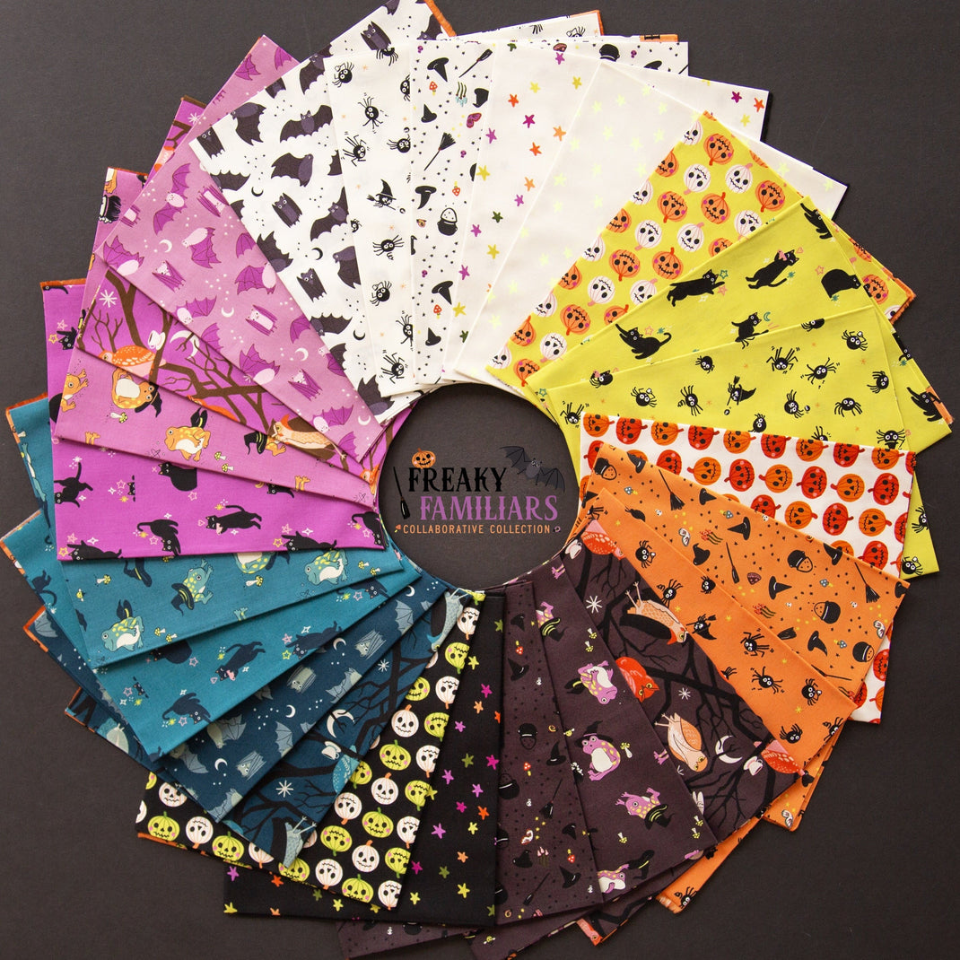 This Factory Cut FAT QUARTER BUNDLE contains 24 quilting cotton prints from Freaky Familiars, a collaborative collection for Ruby Star Society.

Manufacturer: Ruby Star Society
Designer: Alexia Abegg, Sarah Watts, Melody Miller, Rashida Coleman-Hale, Kim Kight
Collection: Freaky Familiars
Material: 100% Cotton
Weight: Quilting