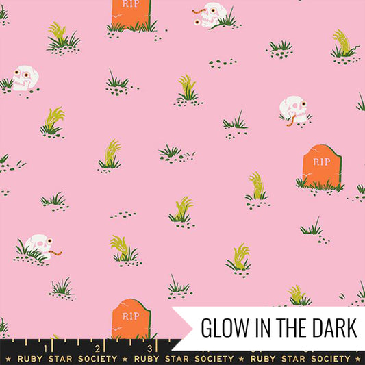 Manufacturer: Ruby Star Society Designer: Ruby Star Society Collection: Tiny Frights Print Name: Graveyard in Peony Glow in the Dark Material: 100% Cotton Weight: Quilting  SKU: RS5122 12G Width: 44 inches