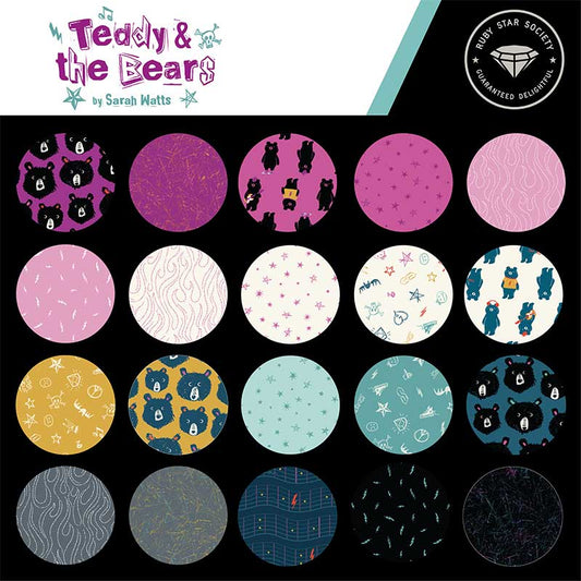 This factory cut FAT QUARTER BUNDLE contains 25 quilting cotton prints from Teddy and the Bears by Sarah Watts for Ruby Star Society.  Manufacturer: Ruby Star Society Designer: Sarah Watts Collection: Teddy and the Bears Material: 100% Cotton  Weight: Quilting