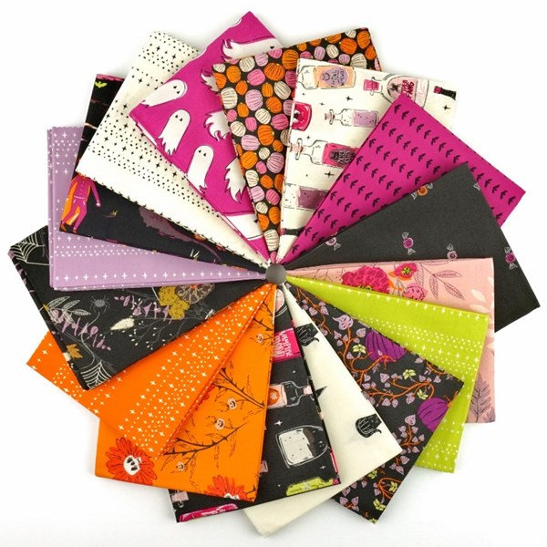 This factory cut FAT QUARTER BUNDLE contains 16 quilting cotton prints from Spooky 'n Witchy by AGF Studio for Art Gallery Fabrics.  Manufacturer: Art Gallery Fabrics Designer: AGF Studio Collection: Spooky 'n Witchy Material: 100% Cotton  Weight: Quilting