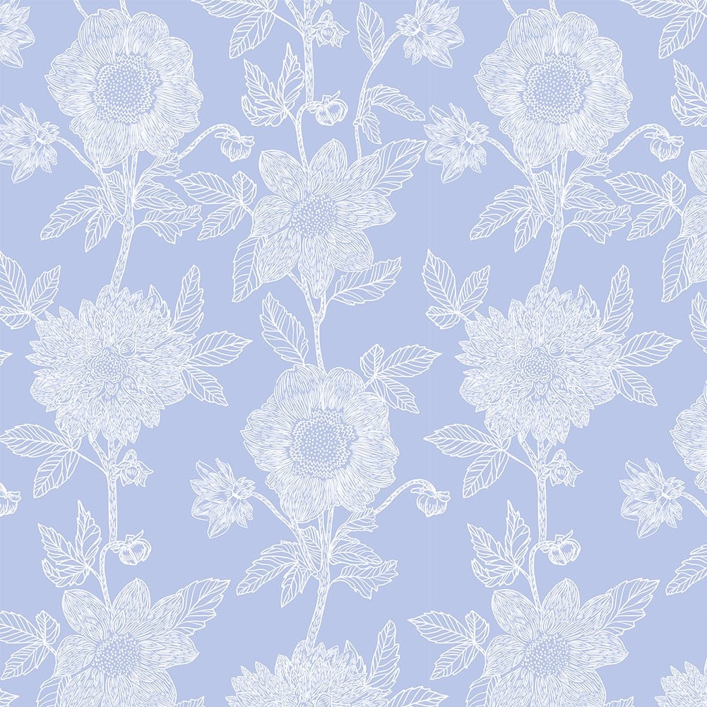 Manufacturer: Anna Maria Textiles for Northcott Fabrics
Designer: Anna Maria Parry
Collection: Silhouette
Print Name: Stitched Dahlia in Cornflower
Material: 55% Linen 45% Cotton
Weight: Quilting 
SKU: CLAMT104-42C
Width: 44 inches