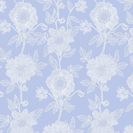 Manufacturer: Anna Maria Textiles for Northcott Fabrics
Designer: Anna Maria Parry
Collection: Silhouette
Print Name: Stitched Dahlia in Cornflower
Material: 55% Linen 45% Cotton
Weight: Quilting 
SKU: CLAMT104-42C
Width: 44 inches