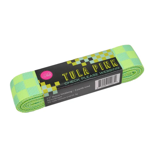 NEW 1-1/2" webbing from Tula Pink featuring the bold check pattern from Untamed! Special 3 yard cut of Check Please webbing in Moonbeam, perfect for bags!

Color: Lime Green and Teal
Size: 1.5" x 3 yds
Use: Bag Making
Included: 3 yds bundle