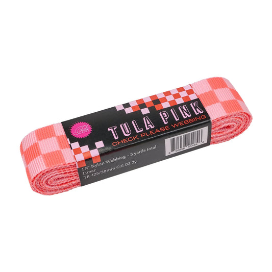 NEW 1-1/2" webbing from Tula Pink featuring the bold check pattern from Untamed! Special 3 yard cut of Check Please webbing in Lunar, perfect for bags!

Color: Pink and Orange
Size: 1.5" x 3 yds
Use: Bag Making
Included: 3 yds bundle