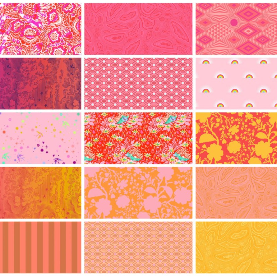 This exclusive Factory Cut FAT QUARTER bundle contains 15 quilting cotton prints from True Colors, Tiny Beasts and Daydreamer collections by Tula Pink for Freespirit Fabrics.  Manufacturer: FreeSpirit Fabrics Designer: Tula Pink Collection: Recollection (True Colors, Tiny Beasts and Daydreamer collection) - Fruity  Material: 100% Cotton  Weight: Quilting