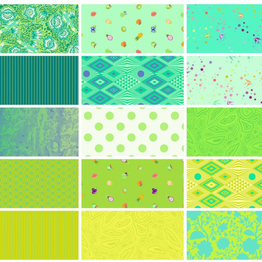 This exclusive Factory Cut FAT QUARTER bundle contains 15 quilting cotton prints from True Colors, Tiny Beasts and Daydreamer collections by Tula Pink for Freespirit Fabrics.  Manufacturer: FreeSpirit Fabrics Designer: Tula Pink Collection: Recollection (True Colors, Tiny Beasts and Daydreamer collection) - Spearmint  Material: 100% Cotton  Weight: Quilting