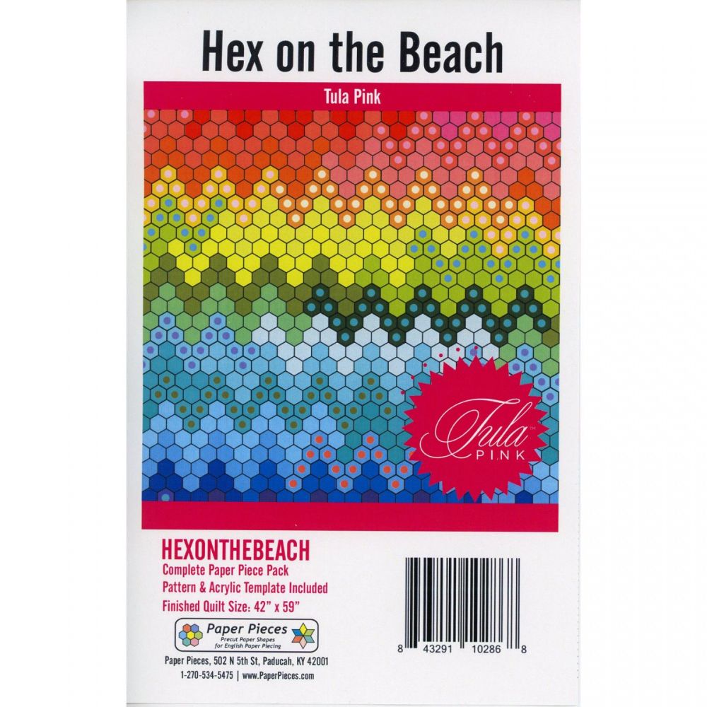 Hex on the Beach by Tula Pink.  Includes Pattern, Pink 1" Hexagon Acrylic Template with 3/8" Seam Allowance and (1000) 1" Hexagon Paper Pieces.  Finished Quilt Size is 42" x 59".